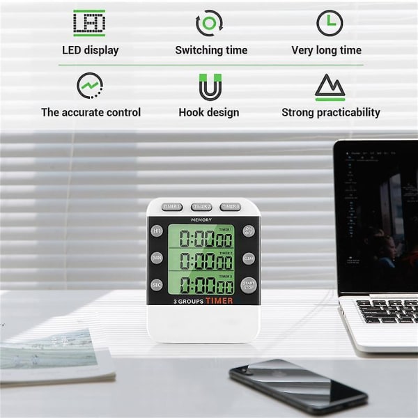 Digital dobbel kjøkkenur, 3-kanals telle opp/ned timer, trippel matlagingstimer, display, høyt volum alarm