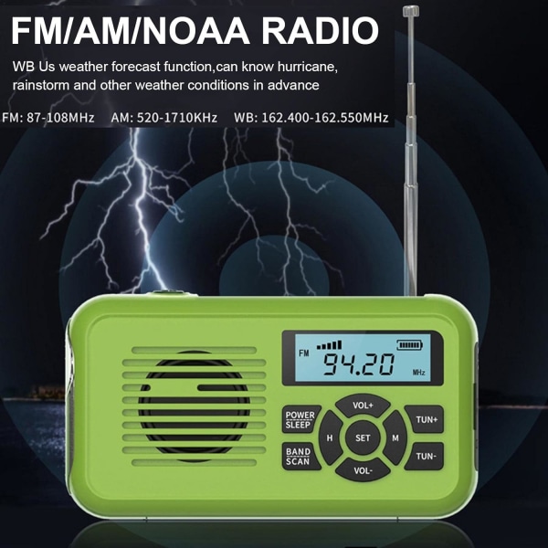 Multifunktionell nödradio, AM/FM/WB Weather Alert Solar Crank Radios, 2000mAh Power Bank