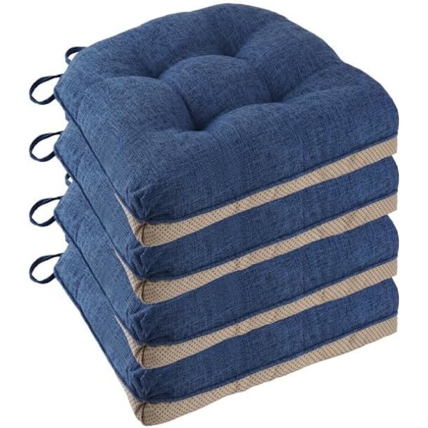 Sklisikre stolputer for spisestuestoler Sett med 4, 46*43*9cm sittepute med spor dark blue