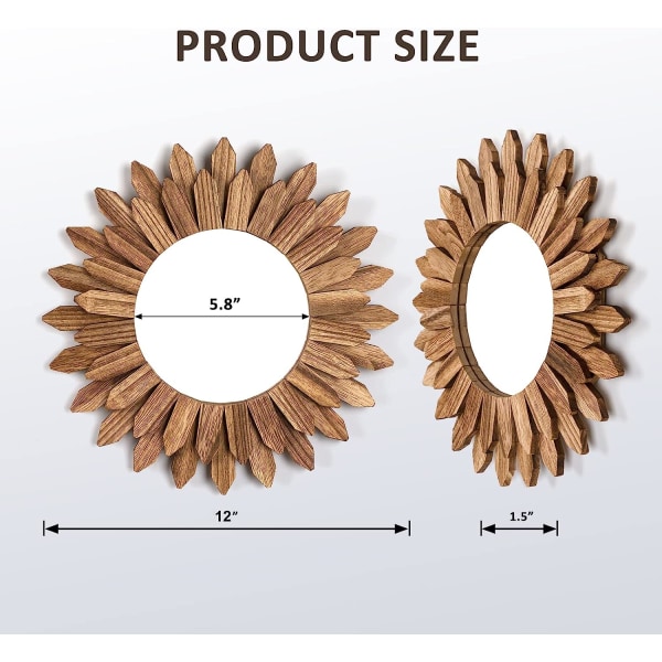 Veggspeil Dekorativt 12 tommers rustikk trespeil Sunburst Boho-speil for entré Soverom Stue Karbonisert svart