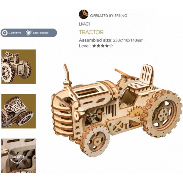 Mekaaninen traktori 3D puinen palapeli laserleikkaus itse koottavaan ilman liimaa - Rakennusmallisarja - Aivoharjoitus lapsille, teini-ikäisille
