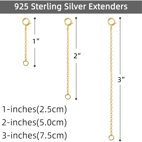 Guld Forlængere 14k Forgyldt Forlængerkæde 925 Sterling Sølv Forlængerarmbånd Forlænger Guld Kæde Forlængere til Halskæder 3 Stk (1 2 3 Tommer)