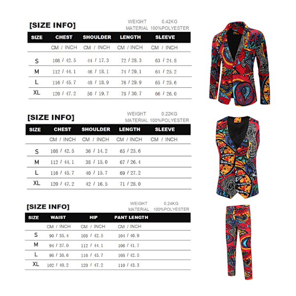 Herrar 3-delad Tryckt Kostym Blommig Festklänning Set L