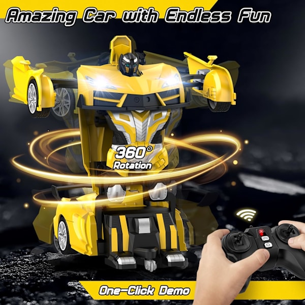 Radiostyrd Bil, Transformer Robot RC Bilar med Coola LED-Strålkastare, 2.4Ghz Leksaksbilar med 360 Graders Rotation (Gul)