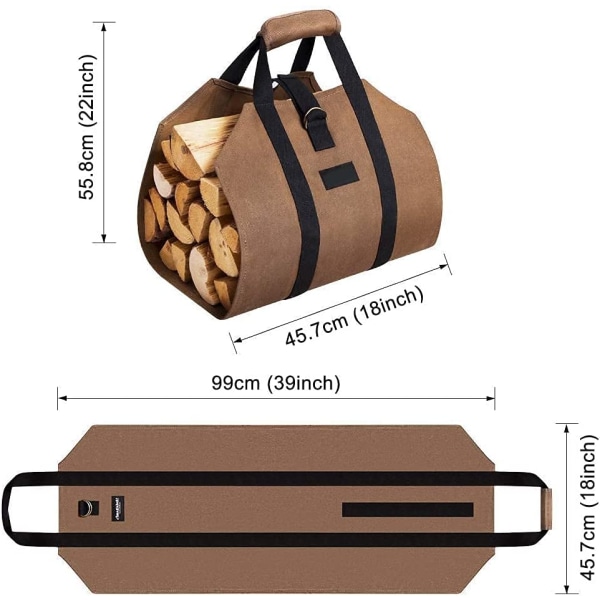 7cm Lærred Brændepose Pejs Vandtæt varmetaske Udendørs træbæreopbevaring til træ med skridsikker Solide håndtag Stropper Brændeholder brun