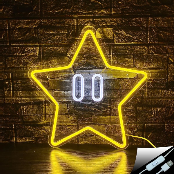 Star Neon Sign, Gaming Neon Sign for Mario Game Room Dekor, Man Cave, Barnerom, Super Star Gaming Wall Decor Gamer Gaver for gutter, barn