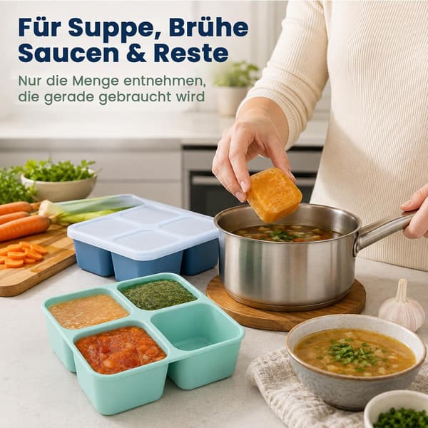 2-pak silikone fryseforme med låg, 4x200 ml portionsbeholdere til opbevaring af suppe, bouillon og sovs