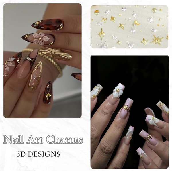 3D Stjärn- och Kaviar Pärlor Nageldekor - Guld och Silver Multi-Form Design för Elegant Manikyr