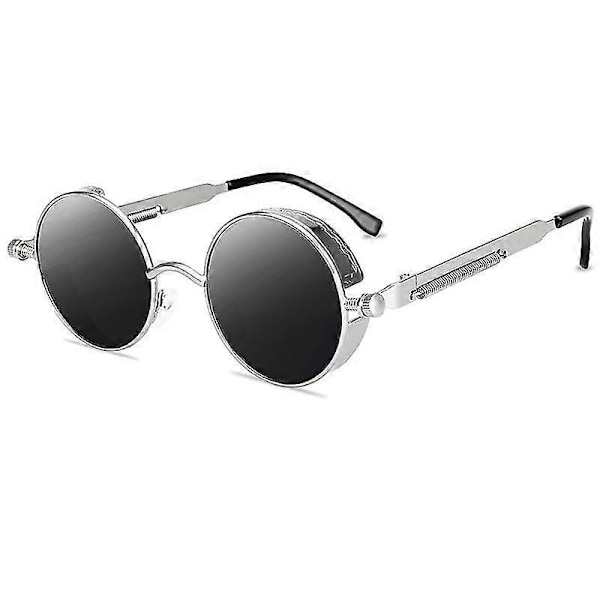 Vintage Polariserede Steampunk Runde Solbriller til Mænd, Stilfuld Db Silver Frame Grey Lenses