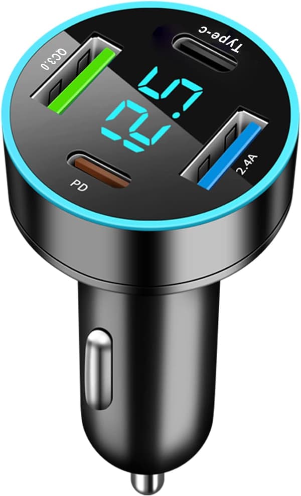 4-ports USB C Biloplader 53W PD QC3.0 Hurtigopladningsadapter med LED Voltmeter til iPhone Android Samsung Tablet og alle enheder