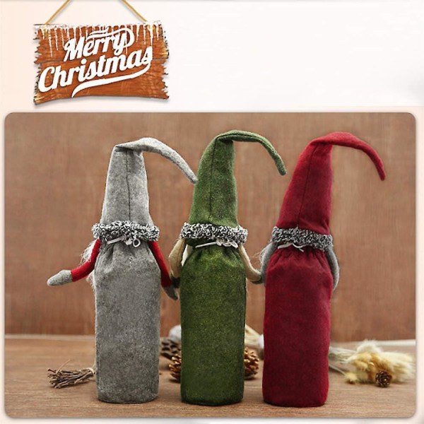 Julevinflaskedekselposer, julenissevinflaskedekselgavepose, Gnome Bottle Topper-deksel til julen Borddekorasjoner 3-pack