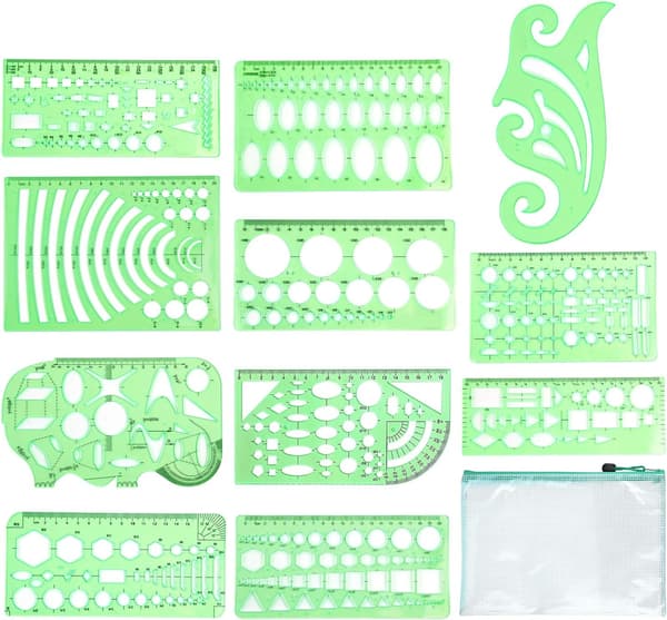11 Pcs. Geometric Drawing Stencils Measuring Rulers Plastic Measuring Templates Plastic Geometric Stencils with Storage Bag for Office and School - Max