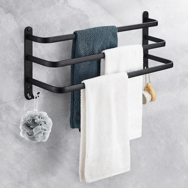 Musta alumiininen seinään kiinnitettävä pyyheteline 1kpl, 3-kerroksinen pyyheteline Kylpyhuoneen pyyheteline koukuilla, vedenpitävä - kylpyhuoneeseen