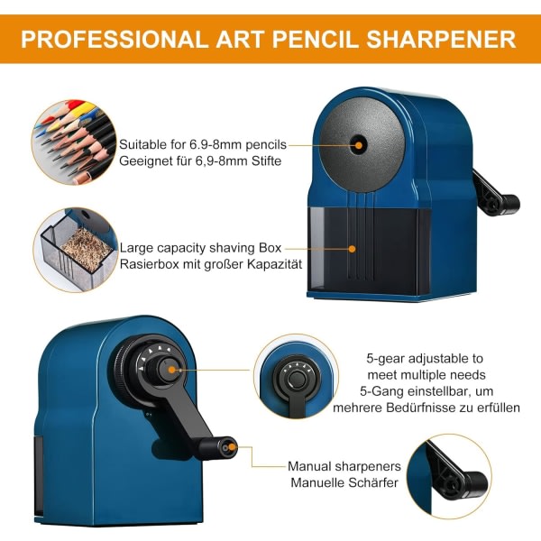 Manuell blyantspisser Desktop-blyantspisser med beholder justerbar i 5 tykkelsesgrader Passer for barnekunstnere (blå)