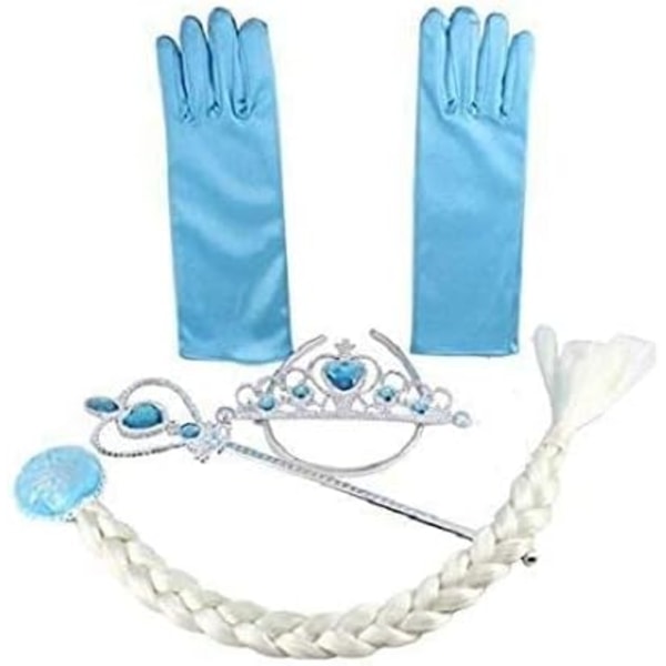 Princess Elsa Tiara Braid Wand Blue Gloves Set med 4, Princess smycken Frozen crown