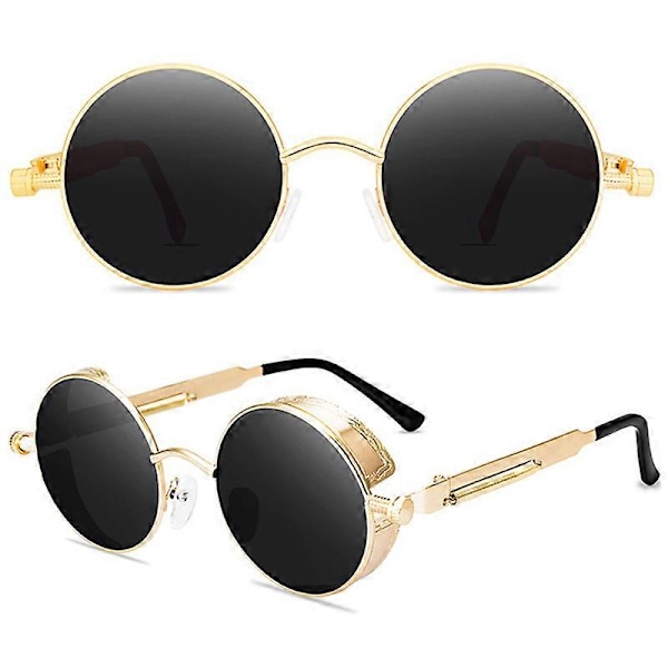 Vintage Polariserede Steampunk Runde Solbriller til Mænd, Stilfuld Db Gold Frame Grey Lenses