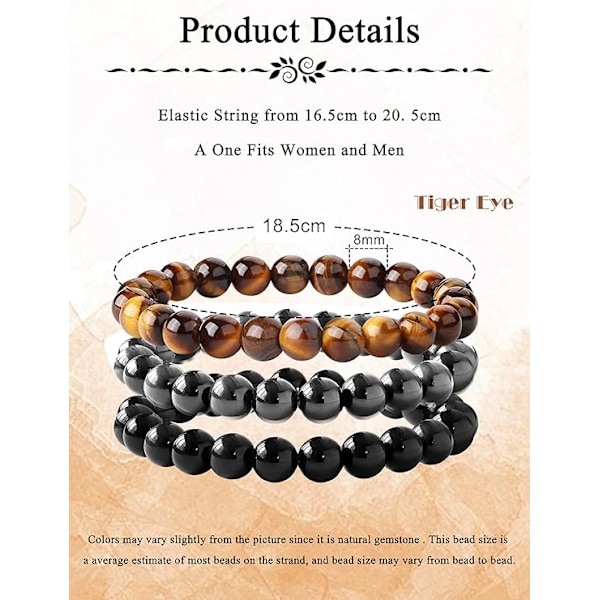 3 stk. 8 mm armbånd natursten litoterapi kvinder mænd elastisk stakbar armbånd perler kvinder