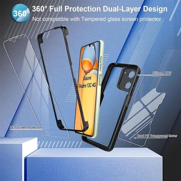 Etui for Xiaomi Redmi 13C Full Body Forsterket Kant Hard 360° Beskyttelse - Svart