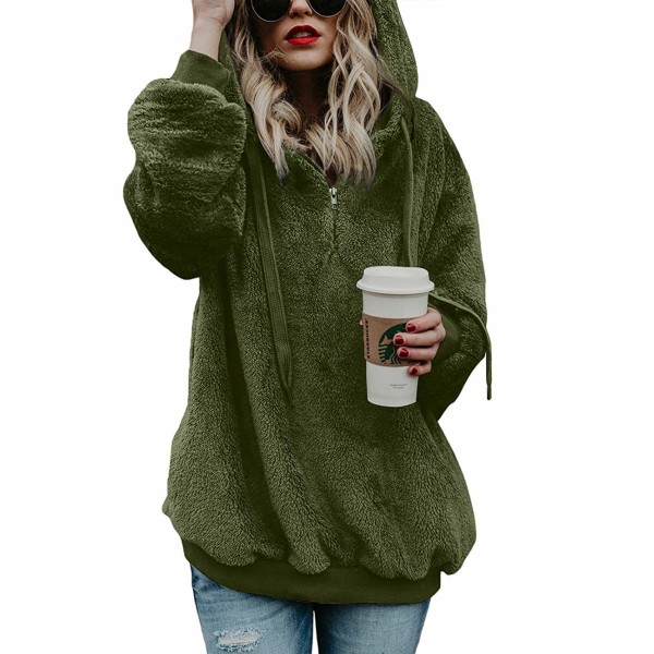 Damegenser med hette i teddyfleece, høst og vinter army green L
