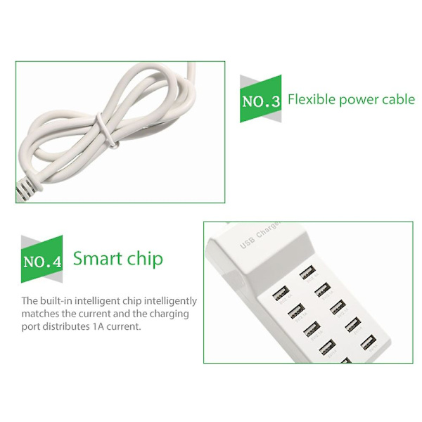 10-portars USB-snabbladdningsstation Power Phone Tablet Camera Charger Hub