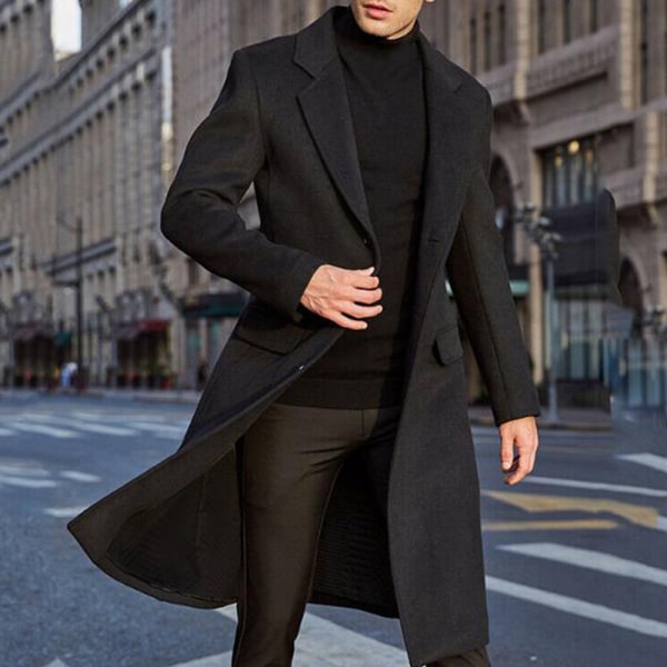 Miesten takki pitkä trenssi miesten Trenditakki yksirivinen Musta Black M