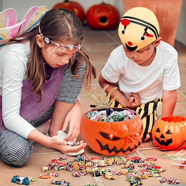 Halloween-karkkipurkki, animoitu kurpitsakarkkipidike, valaistut punaiset silmät ja ääni-karkkilautanen liikkeellä aktivoituna temppuilu- ja herkkujen jakajille