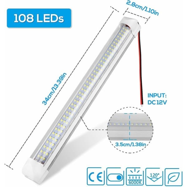 LED-ljuslist för inomhusbruk 12V, Universal 108 LED-ljusremsa med på/av-knapp, Vit lampa för skåpbil, bil, husbil, husvagn, båt, husbil, kök, badrum