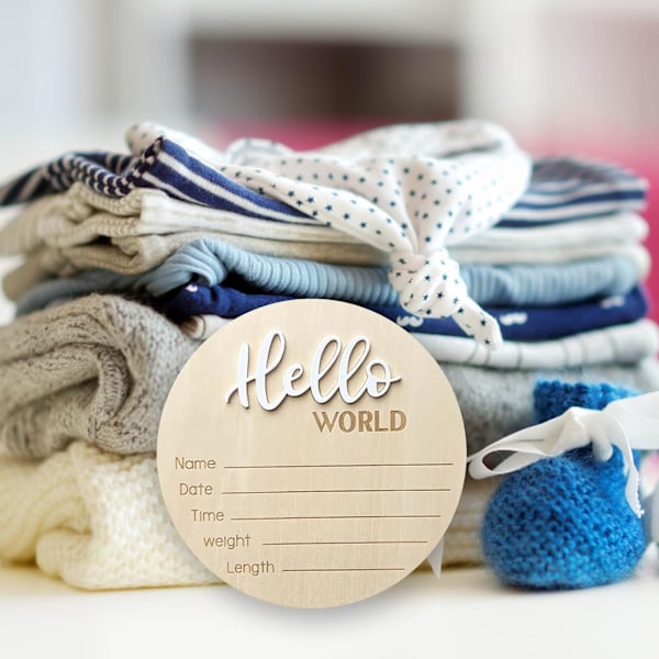 Nyfödd Ankomstskylt, 15 cm Trä Hello World Skyltar Baby Välkomstskylt, Hello World Barnrumsinredning Skylt för Baby, Nyfödda Pojkar och Flickor Gåva