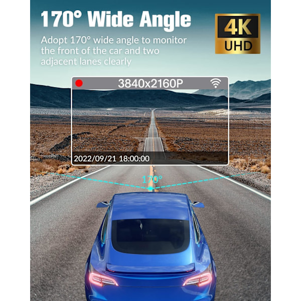 3-kanavainen kojelautakamera eteen, taakse ja sisään, 4K Full UHD -kojelaudan kamera autoihin ilmaisella 32 Gt:n SD-kortilla, sisäänrakennettu superyönäkö, 2,0 tuuman IPS-näyttö, WDR, Loo