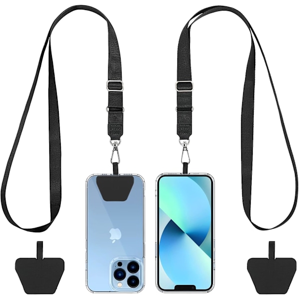 Universal Mobiltelefonkjede 2 Pakker - 2 x Justerbar Halsbåndsløkke, 2 x Holdbare Lapper, Lanyard Mobiltelefon Halsbånd Kompatibel med de fleste telefoner Black