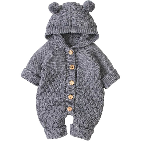 Nyfødt baby ørehette strikket romper jumpsuit Varmere snødress for gutter, jenter, grå 73 cm 73 cm Grey