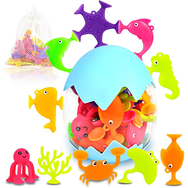 18 st Silikon Ocean Animal Sugkopp leksaker med äggskal & väska