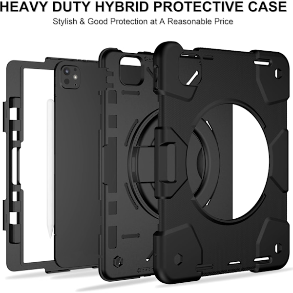 Etui til iPad Pro 11 tommer 2024 (M4) 5. generation, kraftig stødsikker beskyttelse med 360° roterende håndtag/stativ/penholder/Sk Black_xx Black iPad pro11 2024