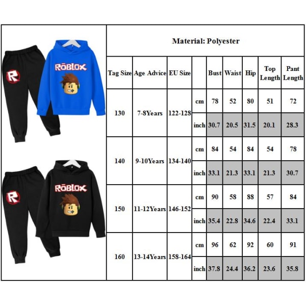 Børns Minecraft Roblox Langærmede Hoodies Træningstøj Toppe+Bukser Sort black 160 cm