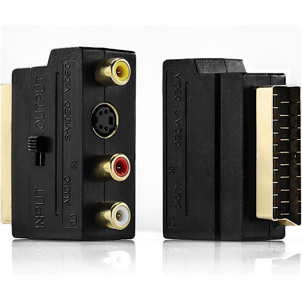 deleyCON Scart til 3x RCA Stik IN/OUT Switch + S-VIDEO S-VHS AV Audio Video Adapter - Sort