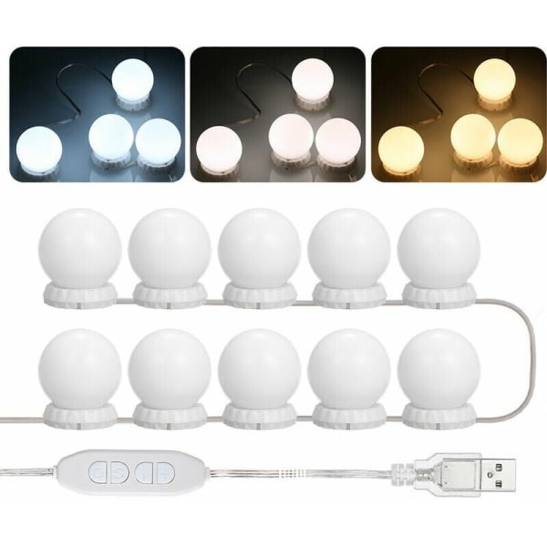 GTA LED-sminkebordspeilbelysningssett med 10 dimbare lyspærer, 10 lysstyrke og 3 lysmoduser, USB-type, hvit? - Hvit??