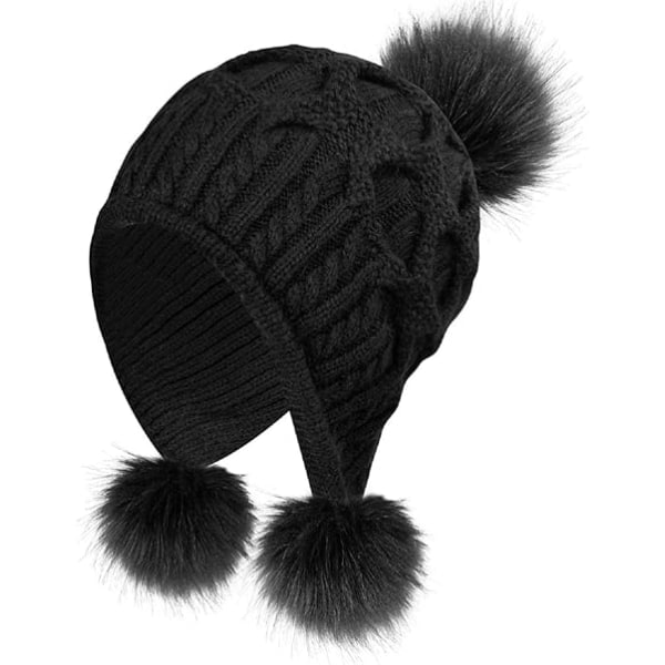 Naisten neulottu hattu, lämmin talvipipo Pom Pom Bobble -hattutyylillä ja tuulenpitävät korvaläpät (musta)