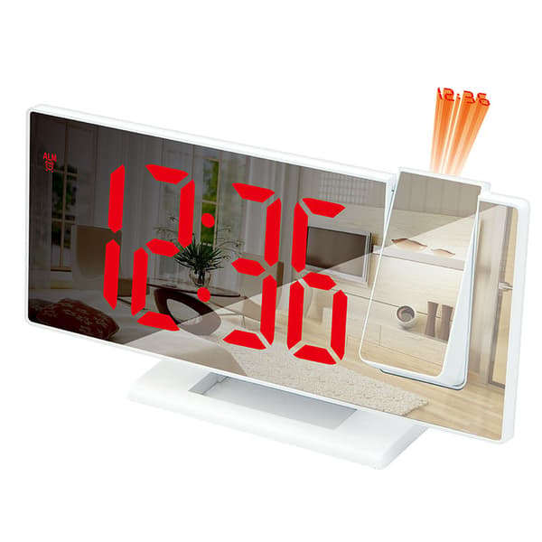 Multifunktionell Projektionsväckarklocka med Stor Display och Nattlampa för Sovrum, Vit och Röd