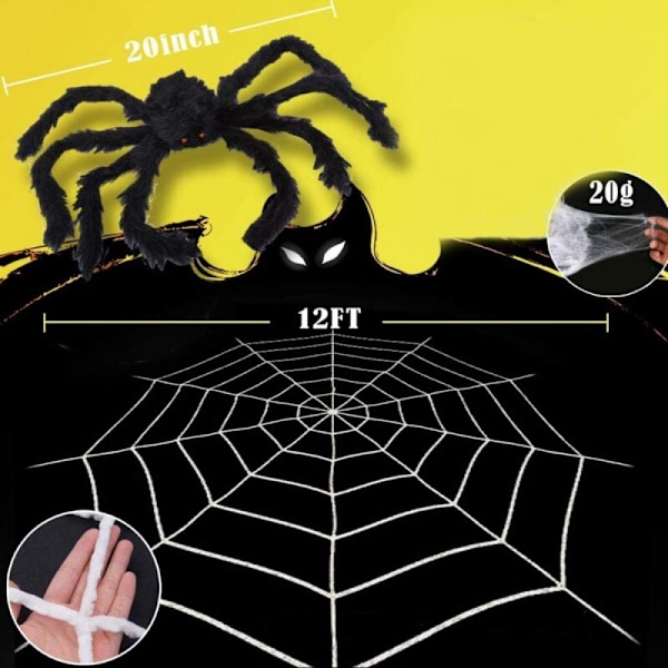 12ft gigantisk rund Halloween edderkoppnett kunstig pels rekvisitt skummel utendørs dekorasjon for uteplass dør sammenleggbar edderkoppnett