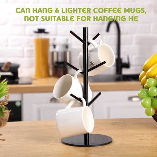 14 tommers akryl kaffekoppstativ koppholder tre kaffekopp ramme koppholder for benk med 6 kroker avtakbart akrylkoppstativ (svart)