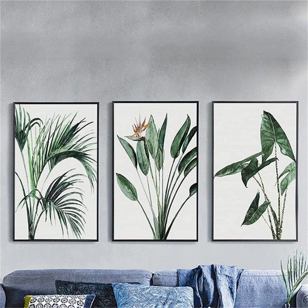 3 julistetta, vihreitä kasvien lehtiä, seinämaalauksia, modernia kangasta