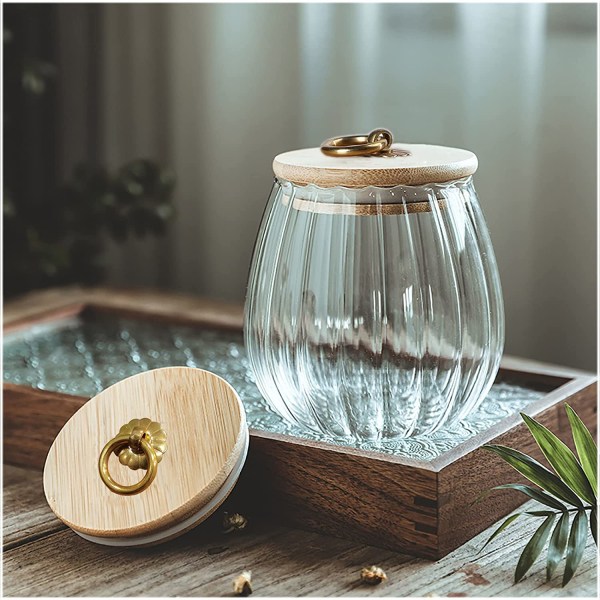 Lasinen kahvipähkinäkanisteri ilmatiivis säilytyspurkki Terälehti koristeellinen astia bambukannella metallikahvalla helppo tarttua ( soikea)