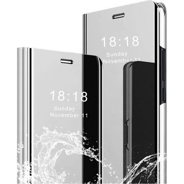 Samsung A32 5G -kotelo + Temperoitu lasi Flip Clear Transparent Mirror Portrait 360° Iskun kestävä kuori Smart Cover Bumper Hopea Pengar