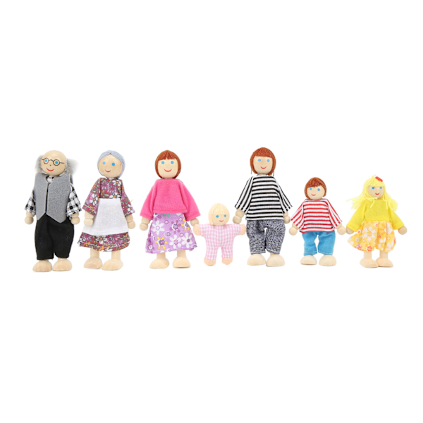 Trähusfamilj med söta dockor, 7 dockor, familjesimulering, leksakfigurer, 1:12 för dockhus