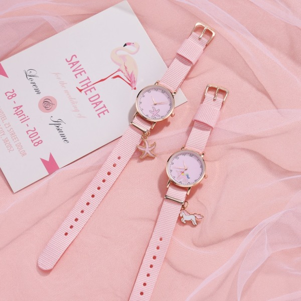 Naisten kvartsirannekello Söpö watch kukkakuvioinen vaaleanpunainen watch (Flamingo)