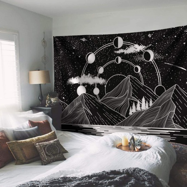 Zussun Mountain Moon Tapestry Stars River Svart och vit konst Tapestry Vägghängande heminredning (50" x 60")