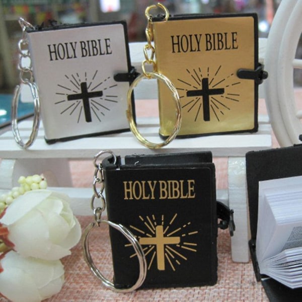 Mini Holy Bible Cross Anheng Nøkkelring Religious Christian Key Ring Dekor Gaver Sølv