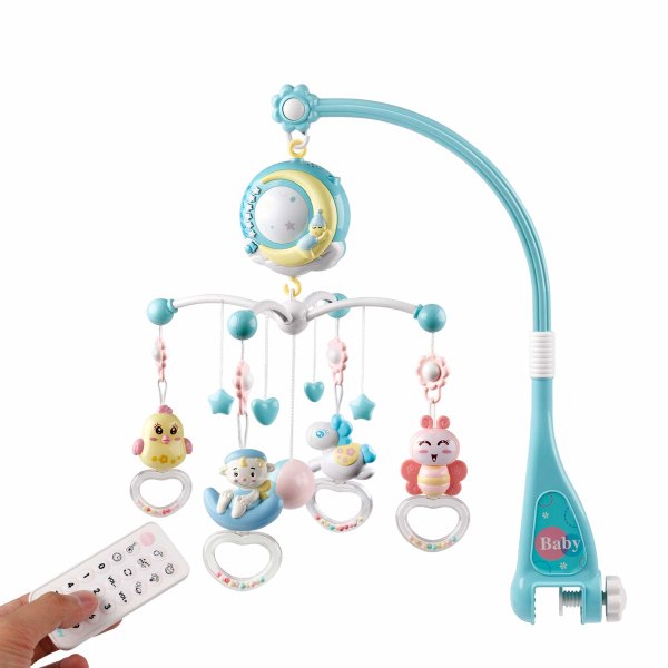 Baby tremmeseng mobil med hængende roterende legetøj, tage med spilledåse og projektorfunktion, timing fjernbetjening, perfekt gave til baby sovende-blå