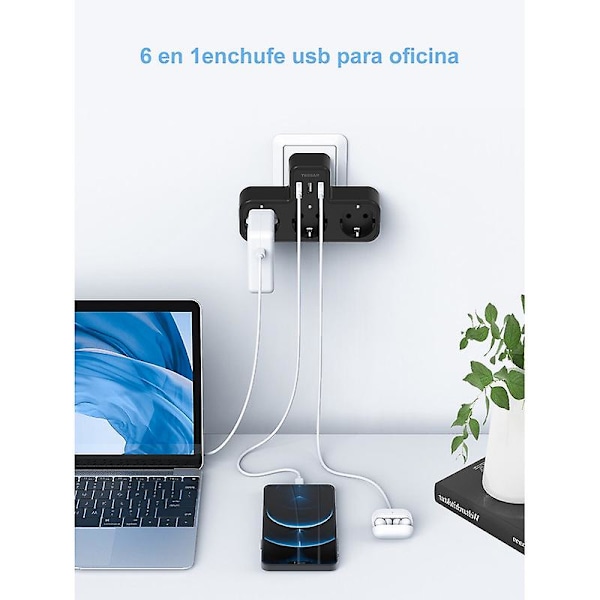 EU USB-kontakt-adapter med 3 AC-uttak og 3 USB-ladeplasser, med flere beskyttelsesfunksjoner, for smarttelefon, nettbrett Black