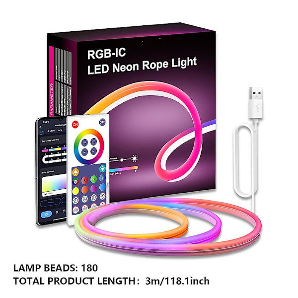 RGB LED Neon Rope Light med 16 millioner farver, Wifi Bluetooth Musikstyring til Soveværelse, Stue og Spilindretning